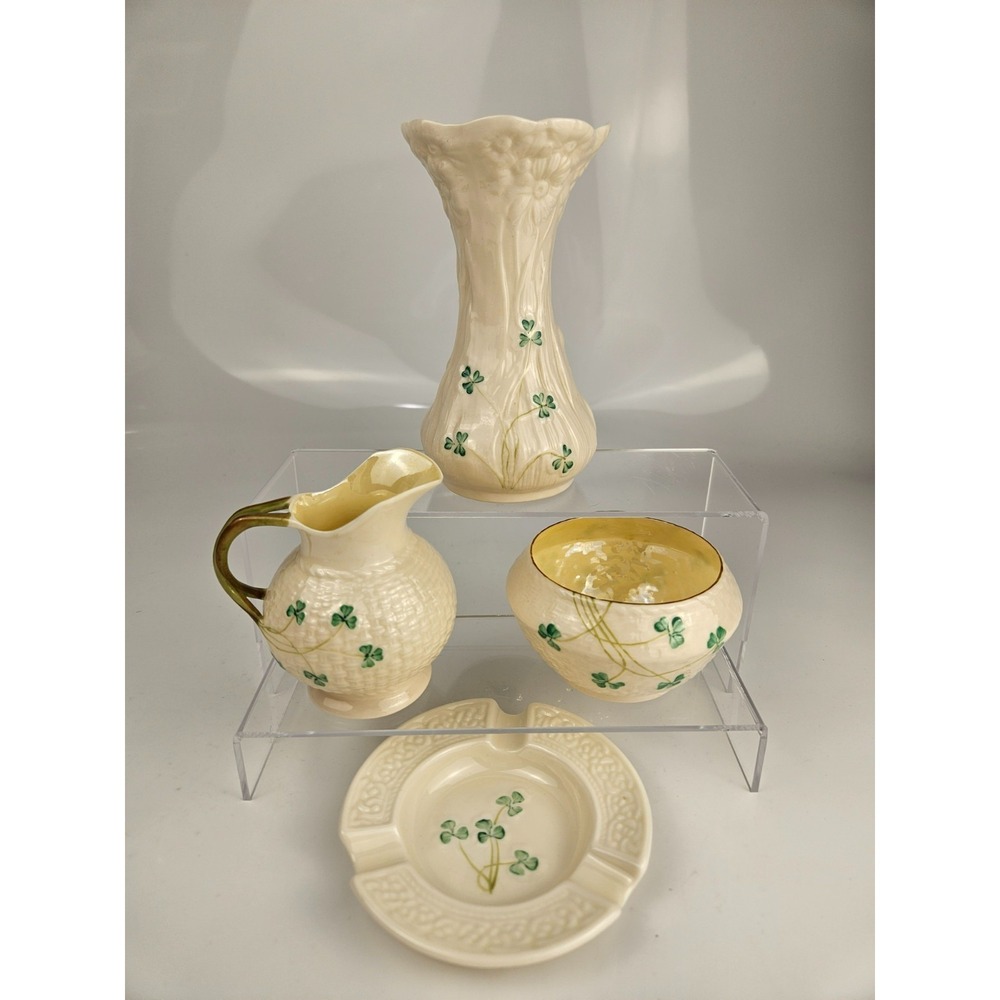 Belleek Ireland Shamrock 4-Piece Set Vase Creamer Bowl Trinket Dish